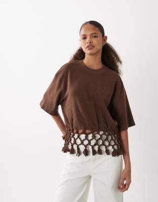 ASOS DESIGN boxy T-shirt with macrame hem in chocolate