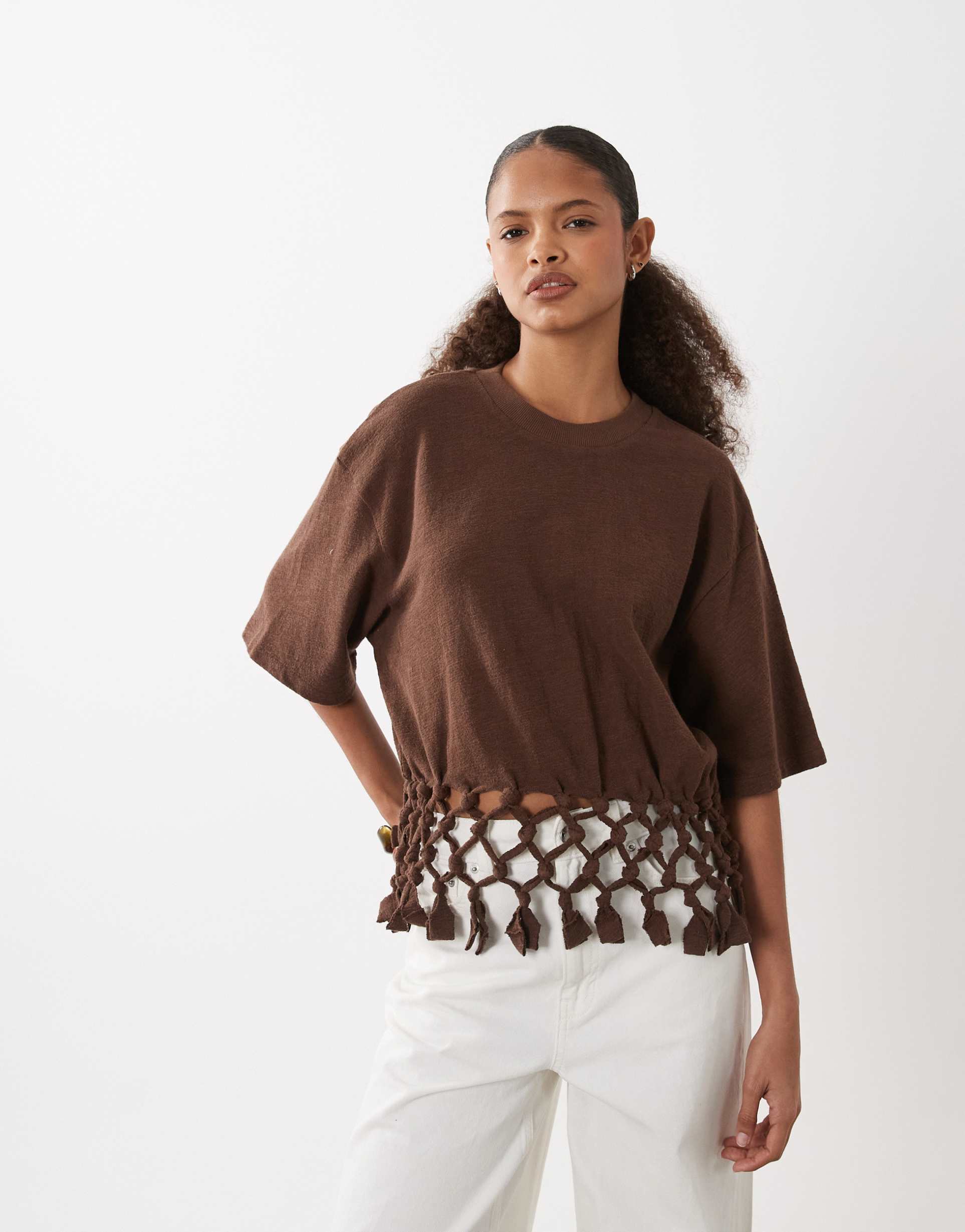 asos design boxy t-shirt with macrame hem in chocolate