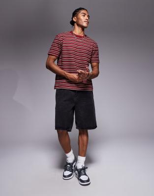 Asos Design Boxy T-shirt With Red Stripe-multi In Burgundy