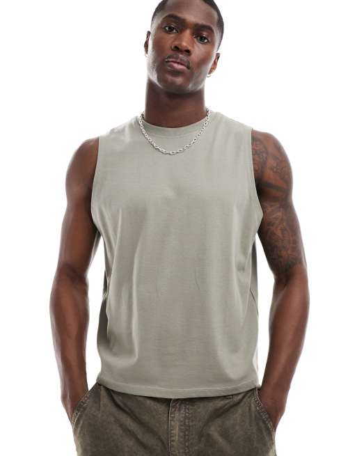 Asos Design Boxy Tank In Khaki Asos