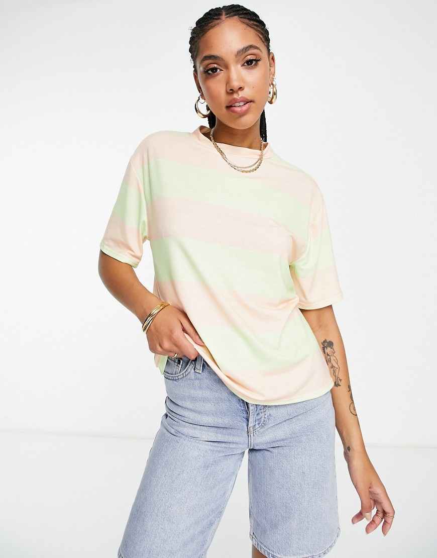ASOS DESIGN boxy tee shirt in peach and green stripe-Multi