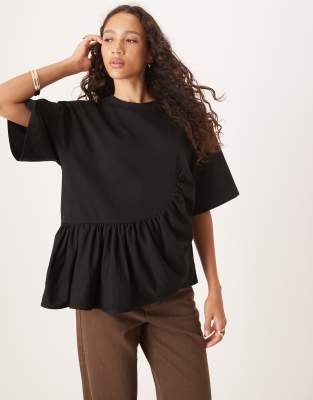 Asos Design Boxy Tee With Asymmetric Peplum Hem In Black