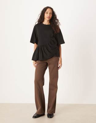 Asos Design Boxy Tee With Asymmetric Peplum Hem In Black