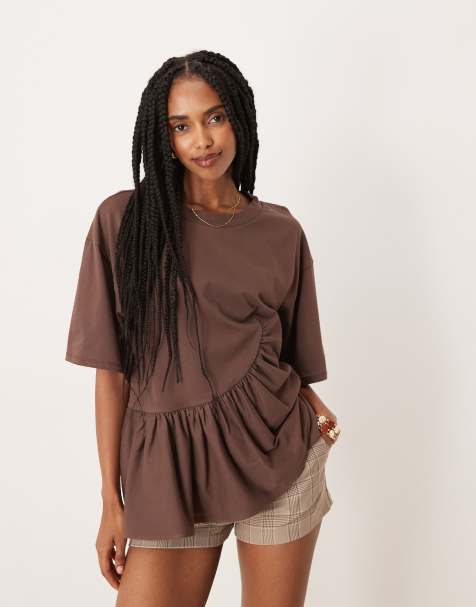 ASOS DESIGN boxy tee with asymmetric peplum hem in chocolate - view 1