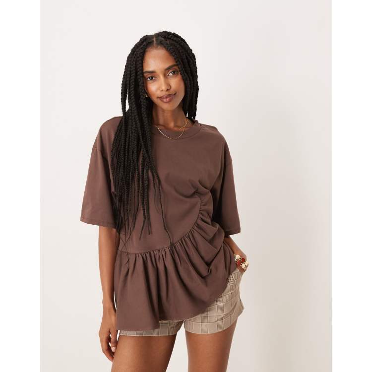 トップス Acka. peplum loose sweat brown ASOS DESIGN boxy tee with asymmetric peplum hem in chocolate