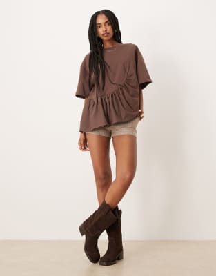 ASOS DESIGN boxy tee with asymmetric peplum hem in chocolate