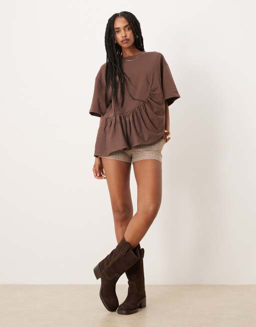 ASOS DESIGN boxy tee with asymmetric peplum hem in chocolate