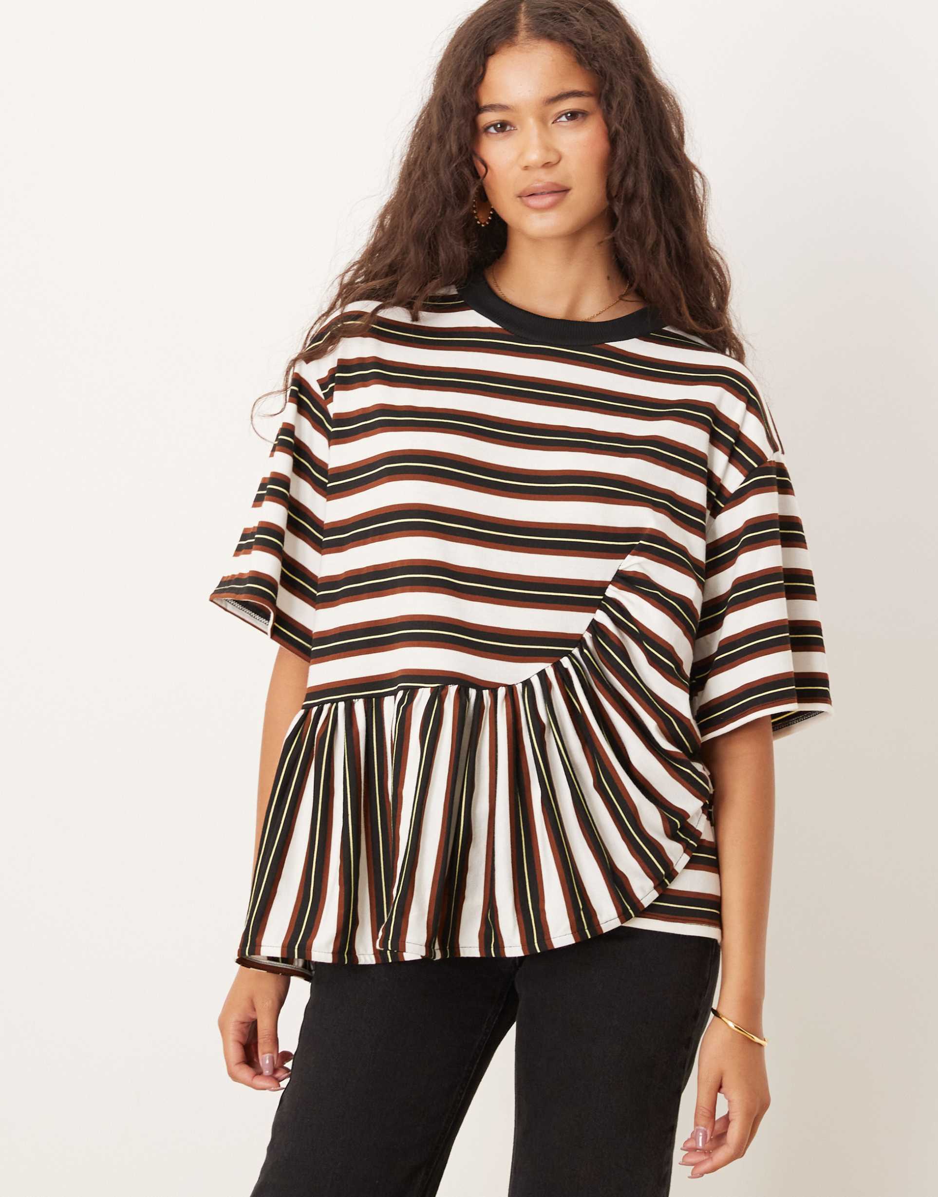 asos design boxy tee with asymmetric peplum hem in stripes