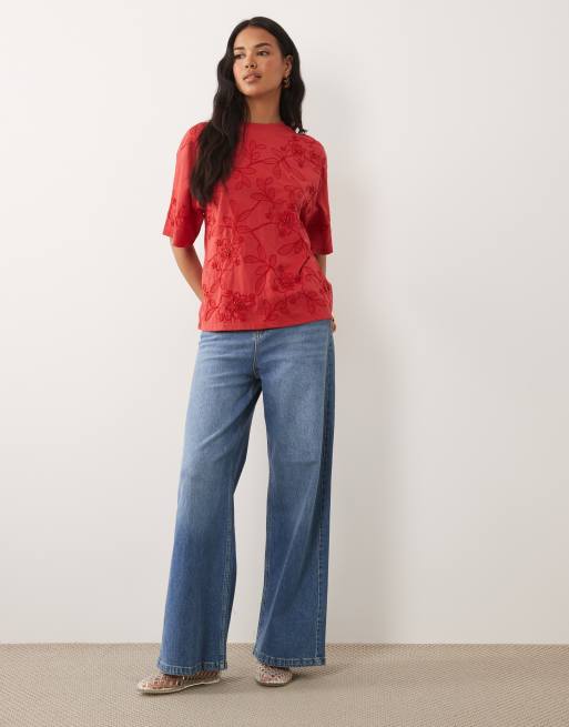 ASOS DESIGN boxy tee with embellished beaded flowers in red, 2 of 4