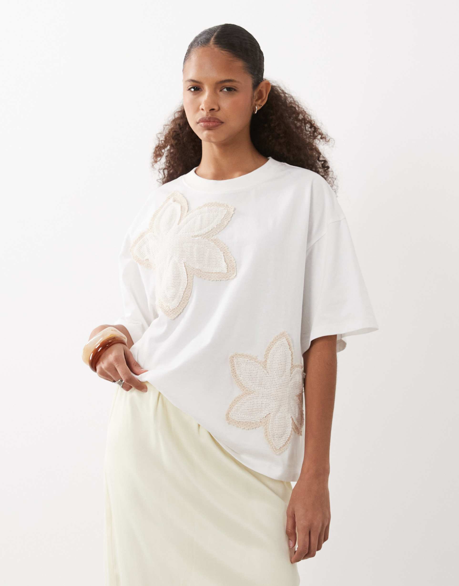 asos design boxy tee with embroidered crochet flowers in cream
