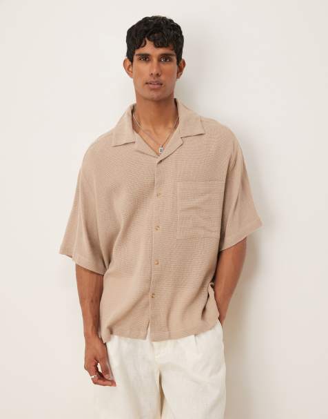 ASOS DESIGN boxy textured camp collar regular shirt in beige - view 1