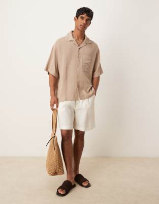 Asos Design Boxy Textured Camp Collar Regular Shirt In Brown