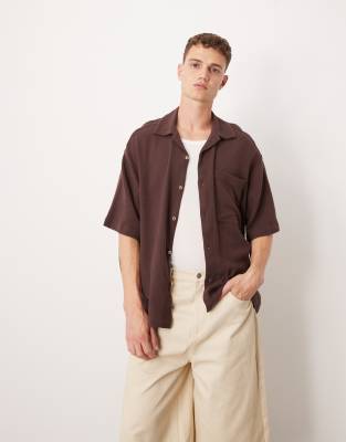 Asos Design Boxy Textured Camp Collar Regular Shirt In Brown