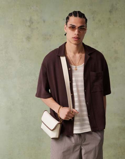 ASOS DESIGN boxy textured camp collar regular shirt in brown - view 1