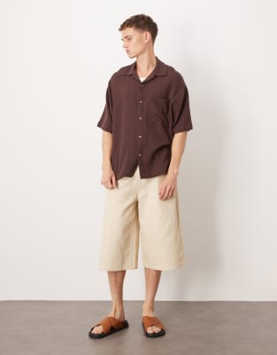 Asos Design Boxy Textured Camp Collar Regular Shirt In Brown