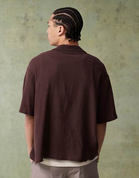 ASOS DESIGN boxy textured camp collar regular shirt in brown - view 1