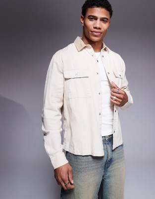 Asos Design Boxy Textured Overshirt With Cargo Pockets In Washed Ecru-neutral