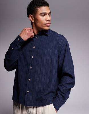 Asos Design Boxy Textured Oversized Shirt In Blue