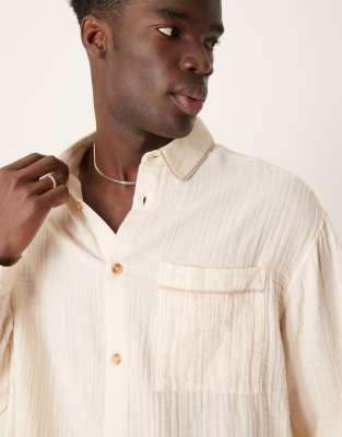 Asos Design Boxy Textured Regular Shirt With Piping Detail In Neutral