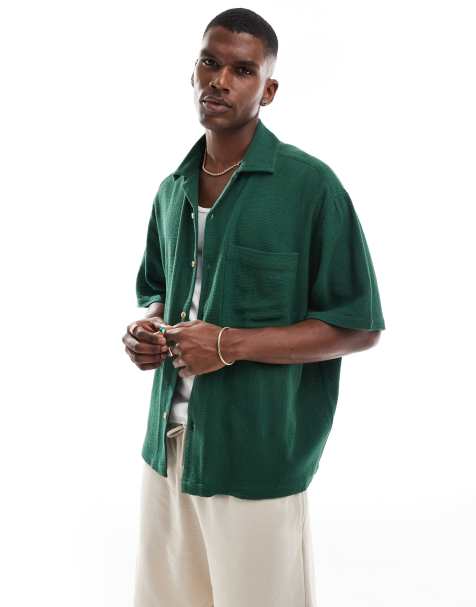ASOS DESIGN boxy textured revere regular shirt in green - view 1