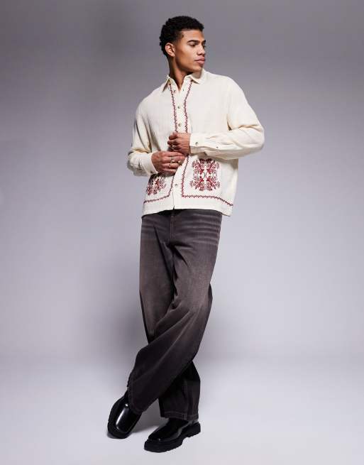 ASOS DESIGN boxy relaxed textured shirt with border print 
