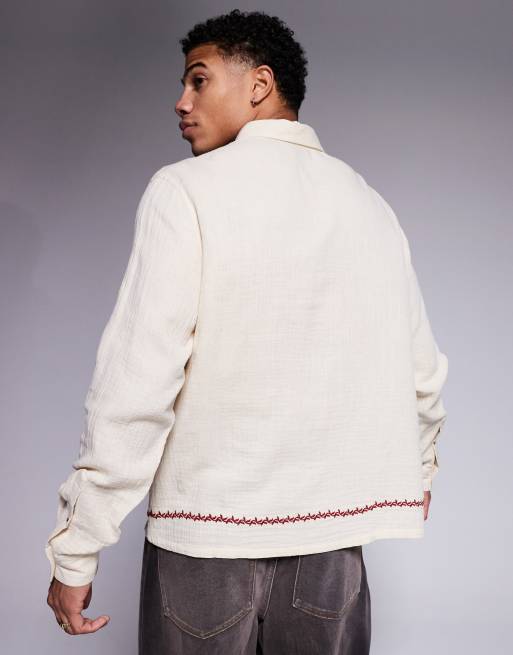 ASOS DESIGN boxy relaxed textured shirt with border print 