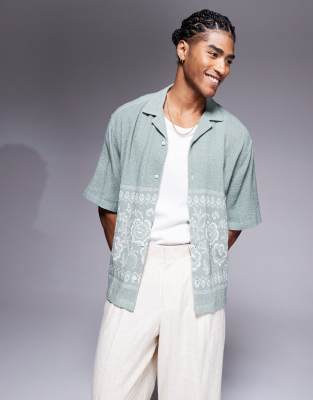 Asos Design Boxy Textured Shirt With Floral Print In Blue