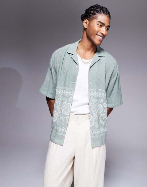 ASOS DESIGN boxy textured shirt with floral print in green - view 1