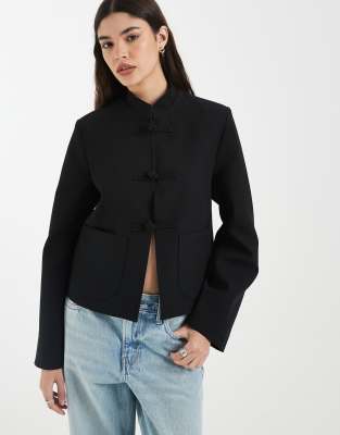 Asos Design Boxy Throw On Mandarin Collar Blazer In Black