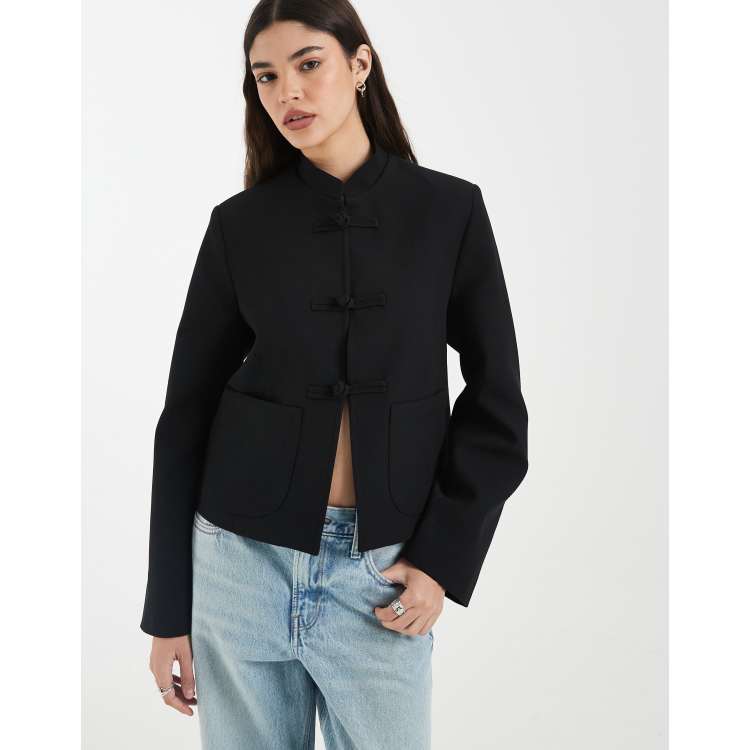 ASOS DESIGN boxy throw on mandarin collar blazer in black | ASOS