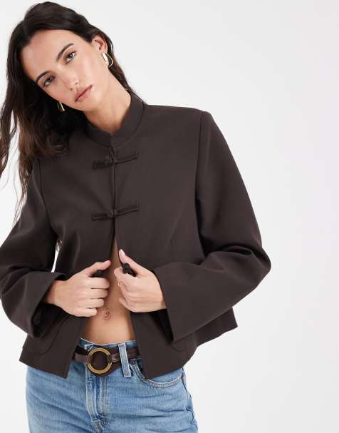 ASOS DESIGN boxy throw on mandarin collar blazer in brown - view 1