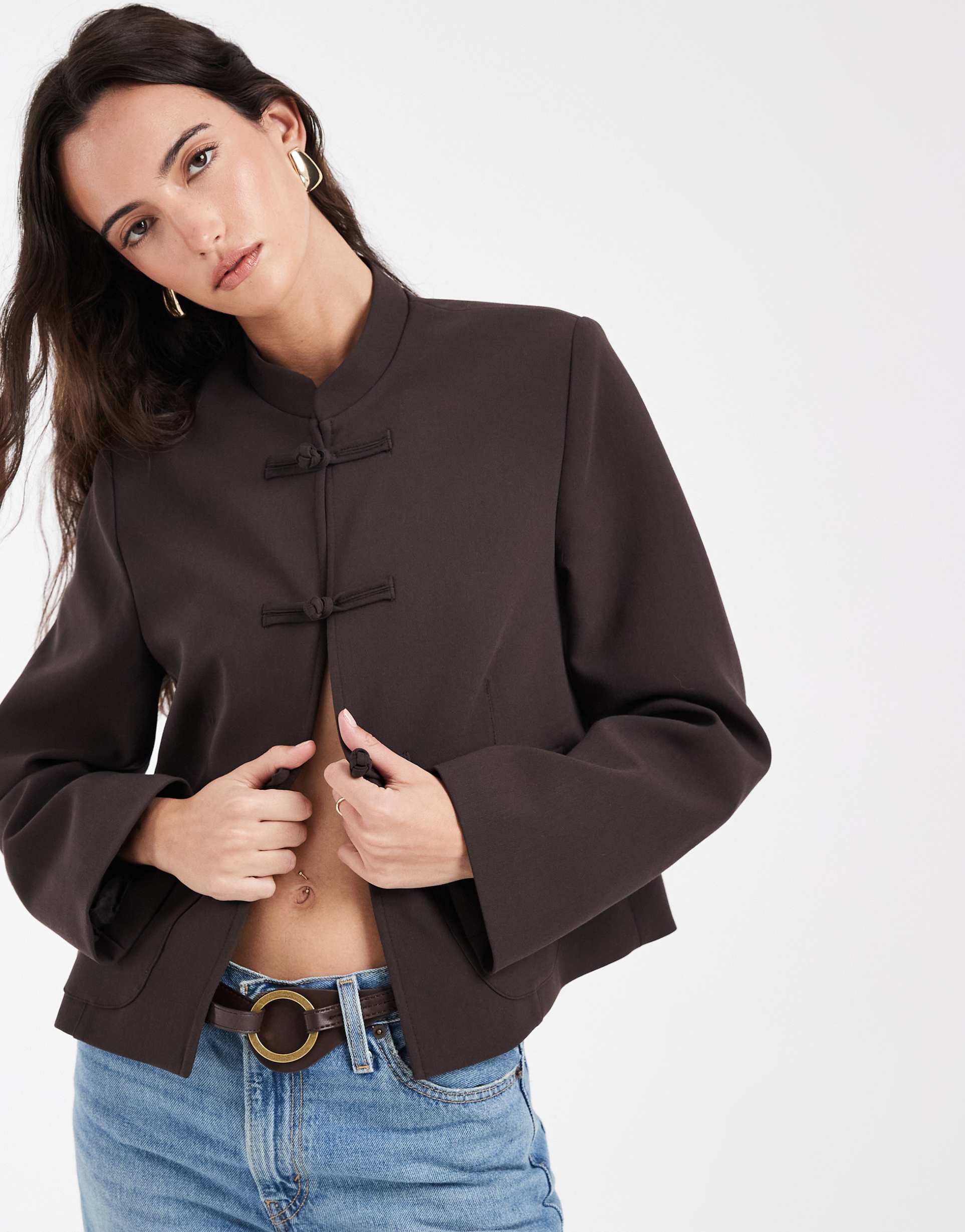 asos design boxy throw on mandarin collar blazer in brown