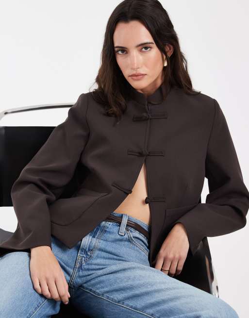 ASOS DESIGN boxy throw on mandarin collar blazer in brown, 3 of 4