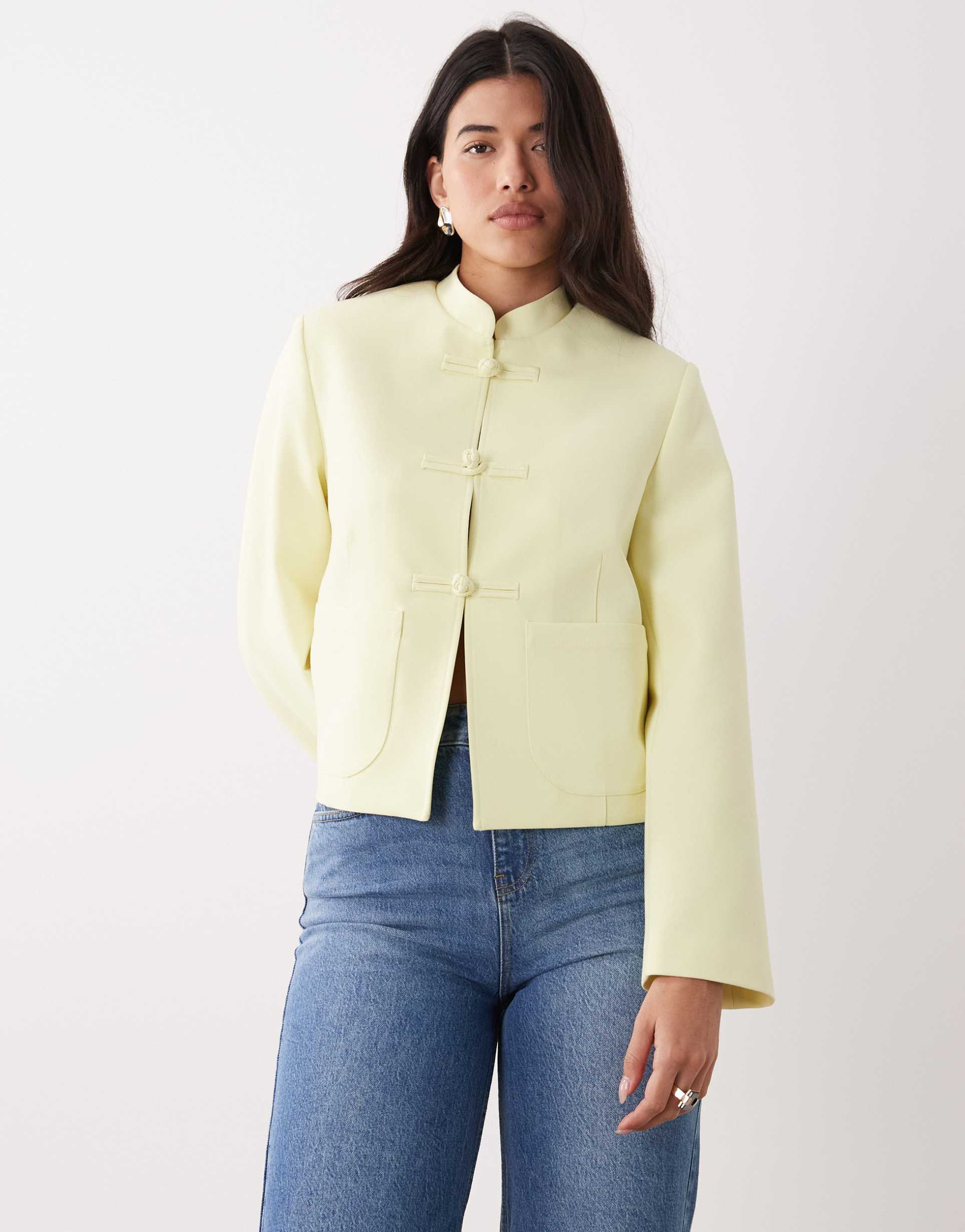 asos design boxy throw on mandarin collar blazer in yellow