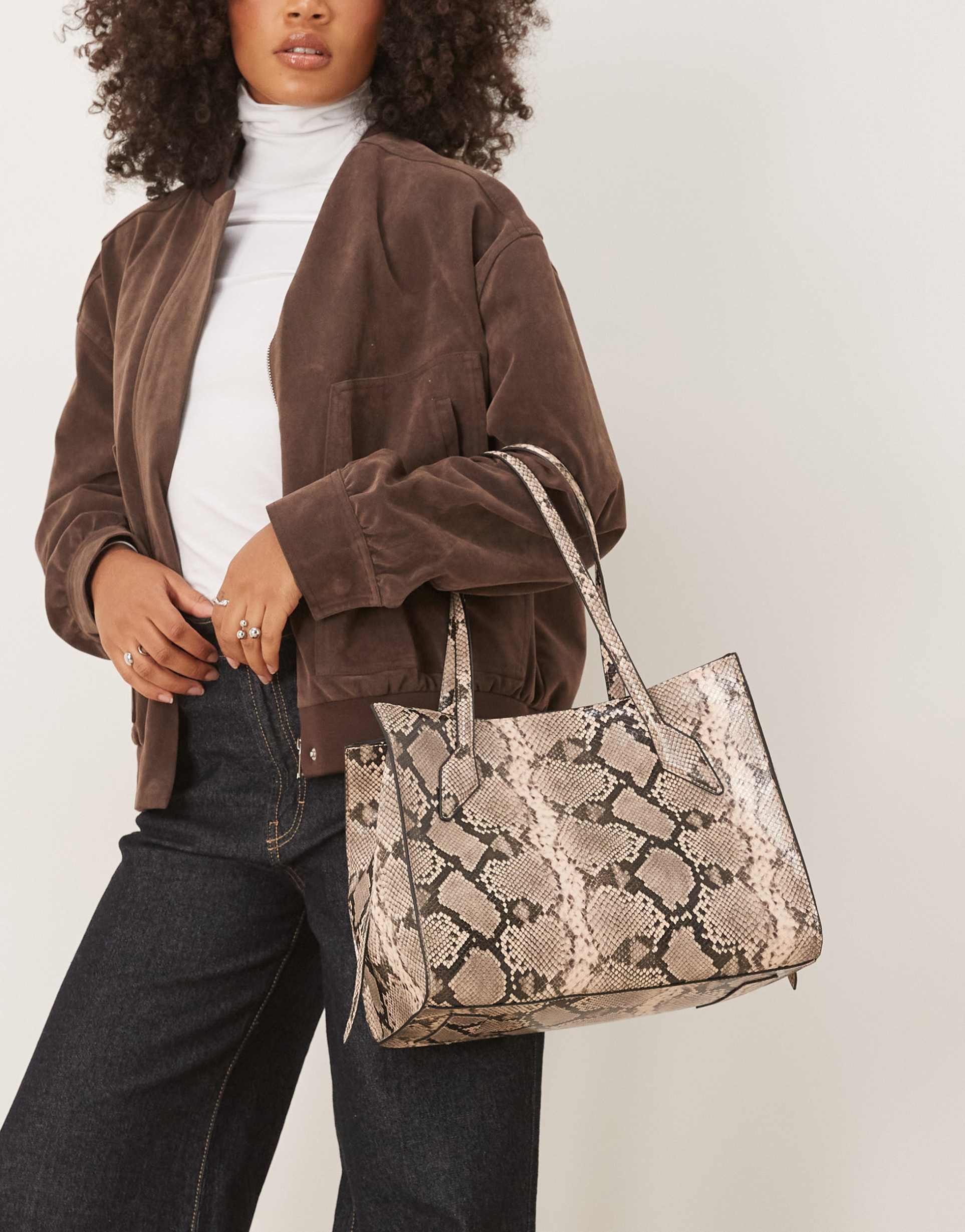 asos design boxy tote bag in brown snake