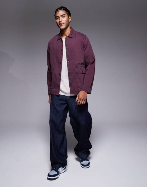 ASOS DESIGN boxy twill overshirt with badge detail in burgundy, 2 of 5