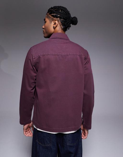 ASOS DESIGN boxy twill overshirt with badge detail in burgundy, 3 of 5