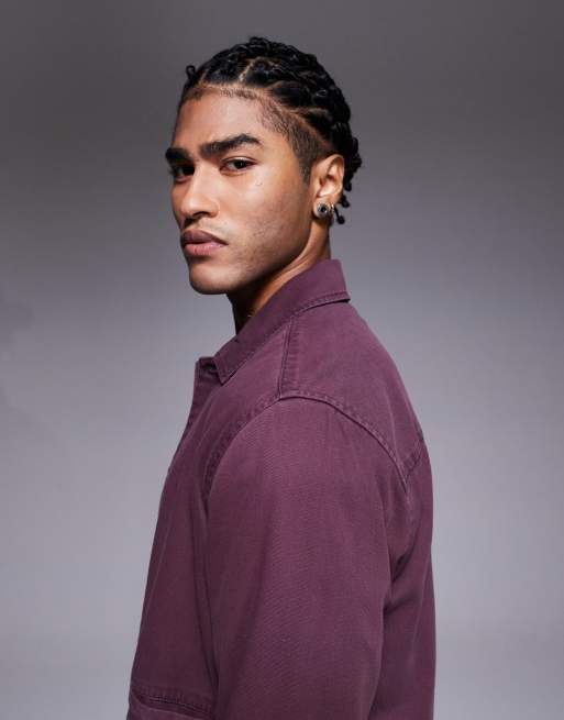 ASOS DESIGN boxy twill overshirt with badge detail in burgundy, 4 of 5