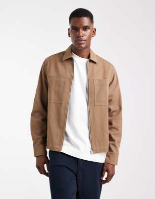 Asos Design Boxy Twill Overshirt With Zip In Brown