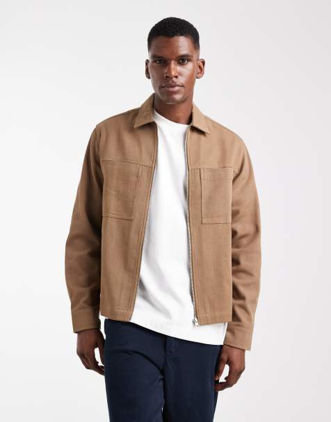 ASOS DESIGN boxy twill overshirt with zip in brown - view 1