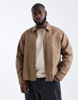 Asos Design Boxy Twill Overshirt With Zip In Brown
