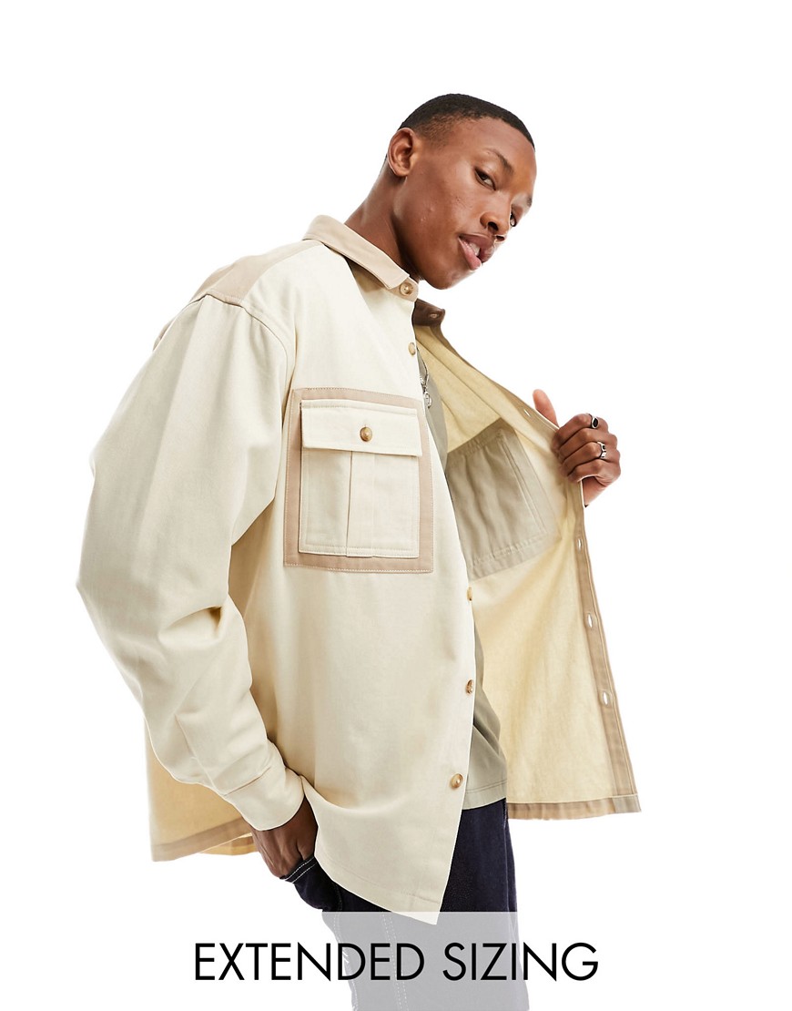 ASOS DESIGN boxy twill shirt with tonal layered pockets in ecru-White