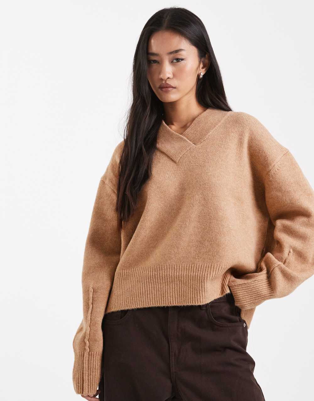ASOS DESIGN boxy v neck jumper with side split detail in camel