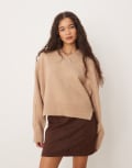 [ASOS DESIGN] ASOS DESIGN boxy v neck jumper with side split detail in marshmallow-White L Marshmallow