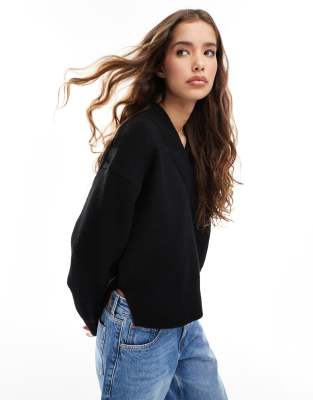 Asos Design Boxy V-neck Sweater With Side Slit Detail In Black
