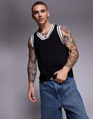 Asos Design Boxy V Neck Tank Top With Contrast Panel In Black