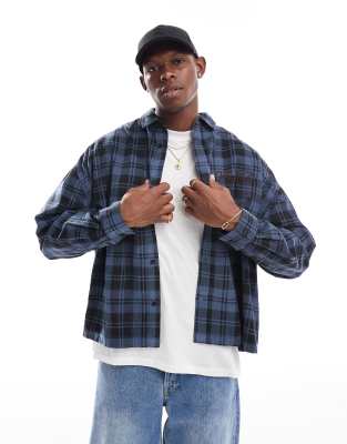 ASOS DESIGN boxy volume oversized cord check shirt with chest embroidery in navy