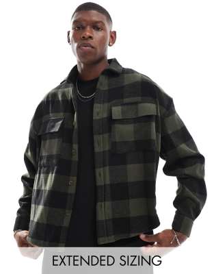 Asos Design Boxy Volume Oversized Shirt In Green And Black Buffalo Plaid