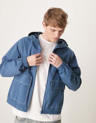Asos Design Boxy Windbreaker In Blue With Contrast Stitch-navy