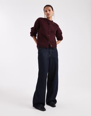 Asos Design Boxy Wool Blend Knit Cardigan In Burgundy